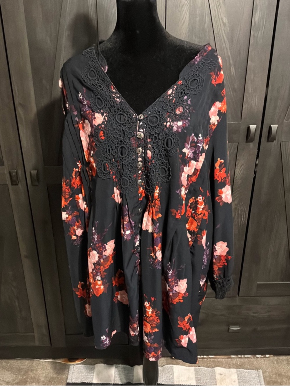 Roaman's Black Floral Lace-Trim Blouse